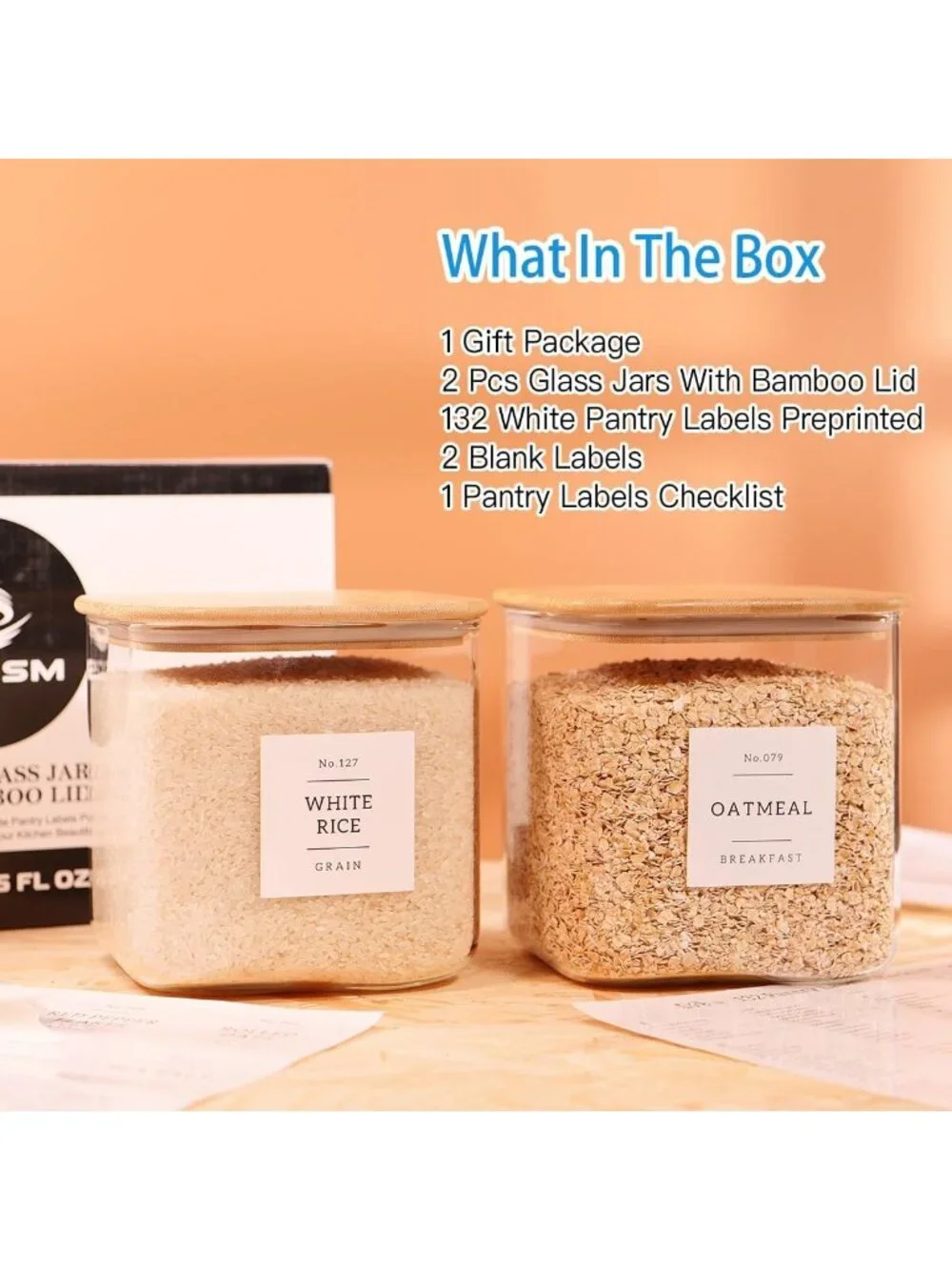 2 Pack Large Airtight Glass Storage Jars with Bamboo Lids & 132 Pantry Labels
